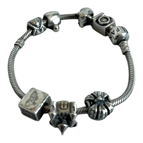 Vintage Pandora Charm Beaded Bracelet 925 Sterling Silver Bracelet w Charms - Picture 4 of 9